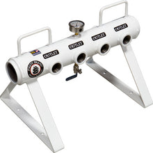 Load image into Gallery viewer, Pirate Brand 888-1124-11807PB Manifold, Stationary, Horizontal, 3" NPT Inlet/Outlet, (4) 1" NPT Outlets, (4) 1-1/2" NPT Outlets, Includes Drain &amp; Gauge, 150 PSI Max, Includes Powder Coat Tough Finish