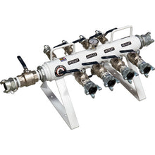 Load image into Gallery viewer, Pirate Brand 888-1124-11808PB Manifold, Stationary, Horizontal, W/ 2" 4 Lug Inlet/Outlet, (4) 1" 2 Lug Outlets, (4) 1-1/2" 4 Lug Outlets, Includes Drain &amp; Gauge, 150 PSI Max, Includes Powder Coat Tough Finish