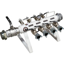 Load image into Gallery viewer, Pirate Brand 888-1124-11809PB Manifold, Stationary, Horizontal, W/ 3" Ground Joint Inlet/Outlet, (4) 1" 2 Lug Outlets, (4) 1-1/2" 4 Lug Outlets, Includes Drain &amp; Gauge, 150 PSI Max, Includes Powder Coat Tough Finish