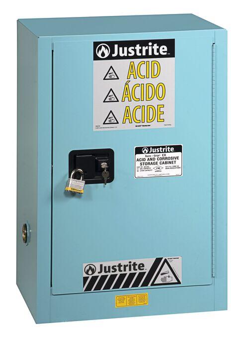 Justrite™ ChemCor® Compac Corrosives/Acids Safety Cabinet, 12 Gal., 1 shelf, 1 m/c door, Blue