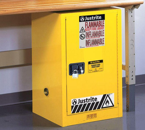 Justrite- Sure-Grip® EX 12-gal.capacity Compac Flammable Safety Cabinet w/ 1 Shelf & 1 Self-Close Door - Yellow