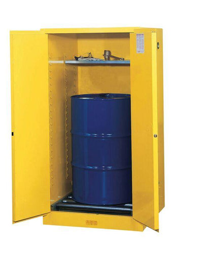 Justrite™ Sure-Grip® EX Vertical Drum Safety Cabinet and Drum Rollers, 55 Gal., 2 s/c doors, Yellow