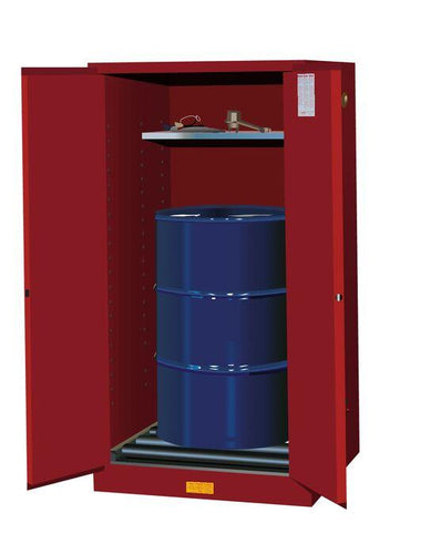 Justrite™ Sure-Grip® EX 55 Gallon, 1 Drum Vertical, 1 Shelf, 2 Doors, Self-Close, Flammable Cabinet w/ Drum Rollers, Red