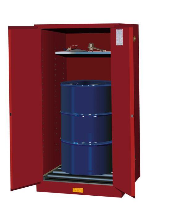 Justrite™ Sure-Grip® EX 55 Gallon, 1 Drum Vertical, 1 Shelf, 2 Doors, Self-Close, Flammable Cabinet w/ Drum Rollers, Red