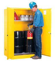 Load image into Gallery viewer, Justrite™ Sure-Grip® EX Vertical Drum Safety Cabinet and Drum Rollers, 60 Gal., 2 m/c doors, Yellow