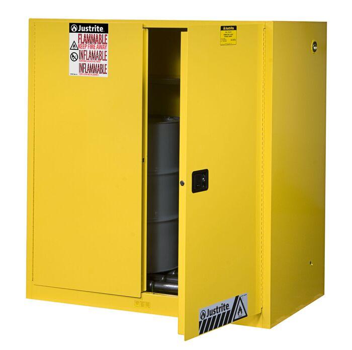 Sure-Grip® EX 60-gal.capacity Vertical Drum Safety Cabinet & Drum Rollers w/ 1 Shelf & 2 Self-Close Doors - Yellow