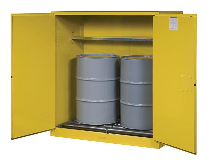 Justrite™ Justrite Sure-Grip® EX Vertical Drum Safety Cabinet and Drum Rollers, 110 Gal., 2 m/c doors, Yellow
