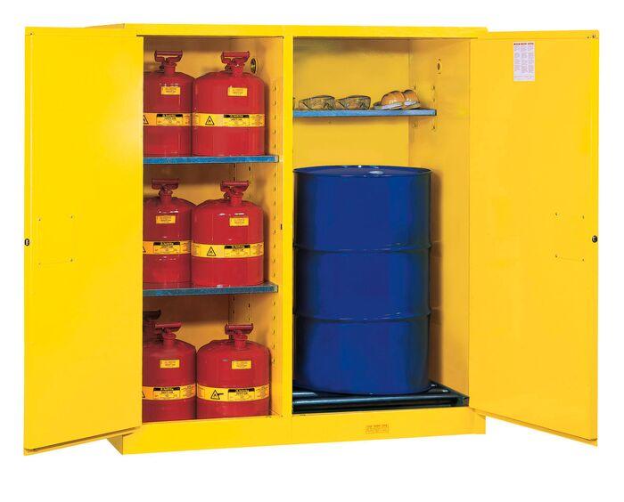 Justrite™ Sure-Grip® EX Double-Duty Safety Cabinet w/Drum Rollers, 3 shelves, 2 m/c doors, Yellow