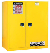 Load image into Gallery viewer, Justrite™ Sure-Grip® EX Double-Duty Safety Cabinet w/Drum Rollers, 3 shelves, 2 m/c doors, Yellow