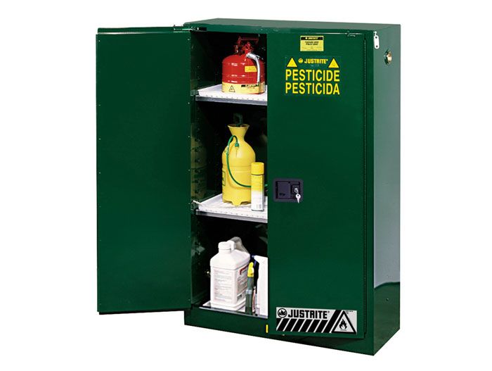 Justrite™ Sure-Grip® EX Pesticides Safety Cabinet, 90 gallons, 2 shelves, 2 manual-close doors, Green