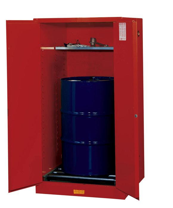 Justrite 55 Gallon, 1 Drum Vertical, 1 Shelf, 2 Doors, Manual Close, Flammable Cabinet w/ Drum Rollers, Sure-Grip® EX, Red - 896261