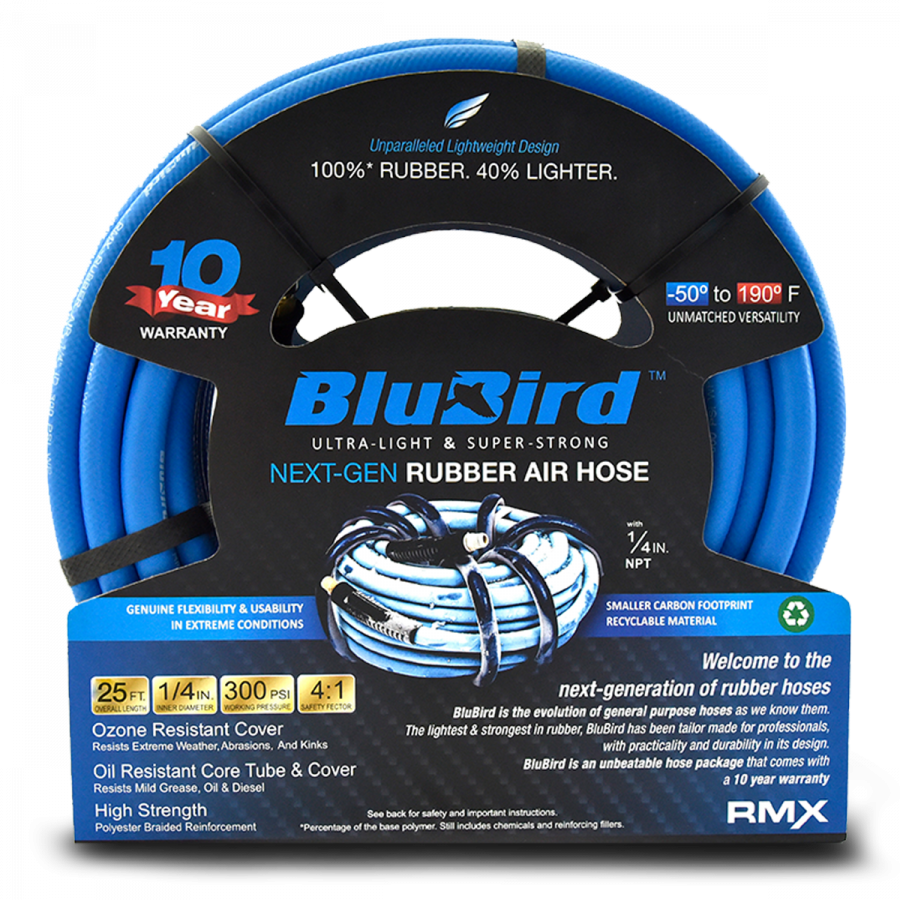 BluBird Rubber Air Hose 1/4 in. Heavy Duty 300 PSI Male NPT Polyester Woven Lightest Strongest Flexible.