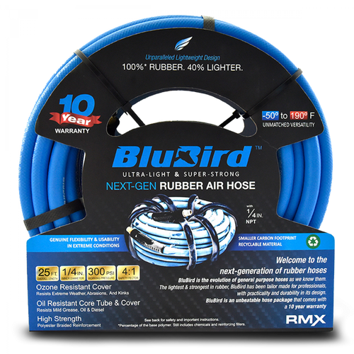 BluBird Rubber Air Hose 1/4 in. Heavy Duty 300 PSI Male NPT Polyester Woven Lightest Strongest Flexible.
