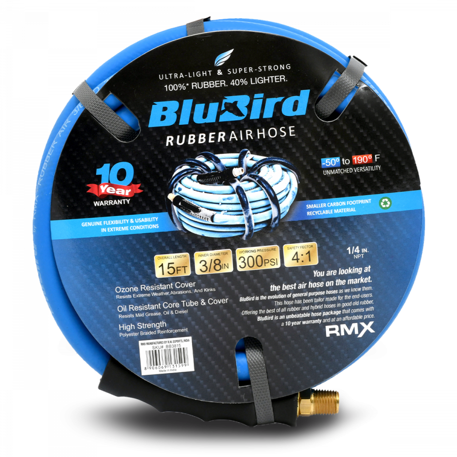 BluBird Rubber Air Hose 3/8 in. Heavy Duty 300 PSI Male NPT Polyester Woven Lightest Strongest Flexible