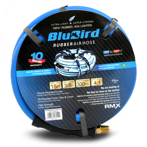 BluBird Rubber Air Hose 3/8 in. Heavy Duty 300 PSI Male NPT Polyester Woven Lightest Strongest Flexible