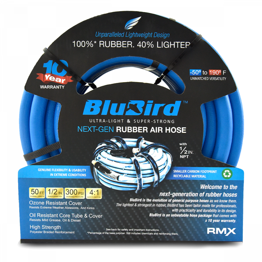 BluBird Rubber Air Hose 1/2 in. Heavy Duty 300 PSI Male NPT Polyester Woven Lightest Strongest Flexible