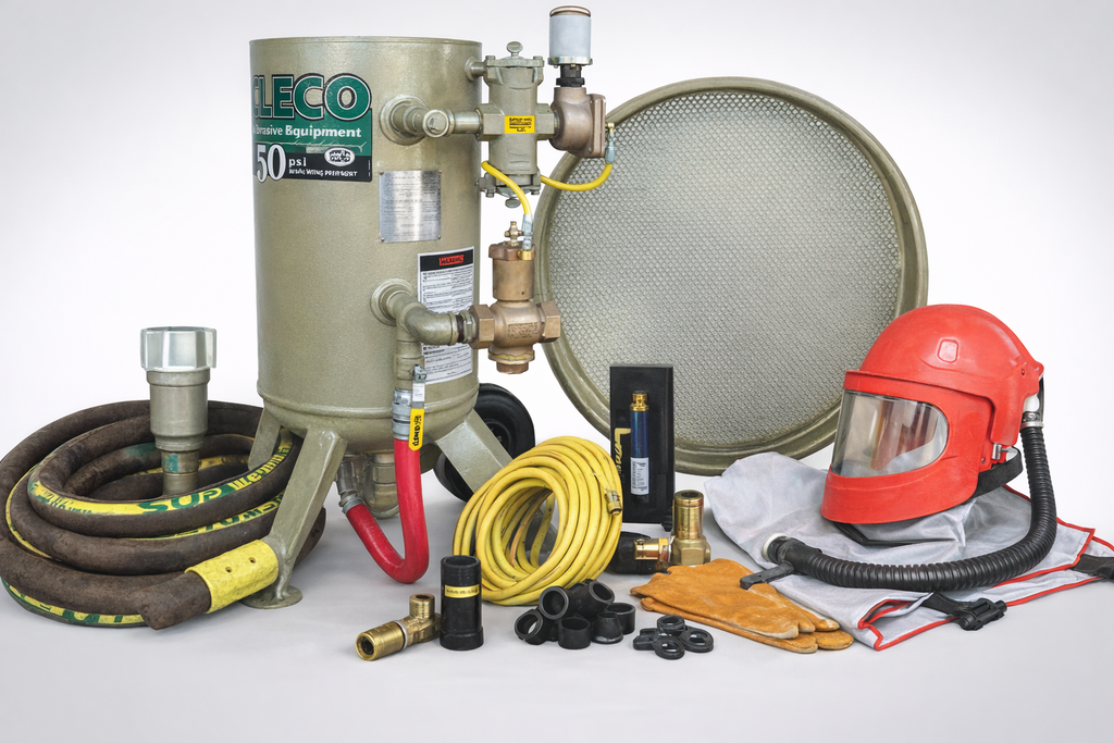 Clemco 23909 3 Cubic Foot Blast Machine Packages with 1-1/4” piping  16” diameter - Auto Quantum Valve with Abrasive Cut off Switch - SaFety Gear