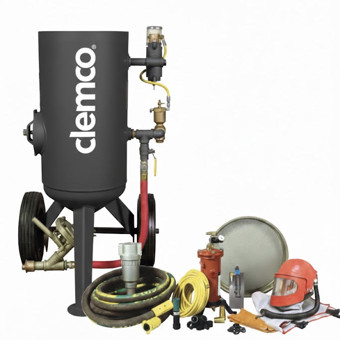 Clemco 23909 3 Cubic Foot Blast Machine Packages with 1-1/4” piping  16” diameter - Auto Quantum Valve with Abrasive Cut off Switch - SaFety Gear