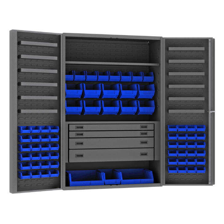 Durham DCBDLP694RDR-5295 Cabinet, 14 Gauge, 4 Drawer, 2 Shelves, 12 Door Trays, 69 Blue Bins, 48 X 24 X 72