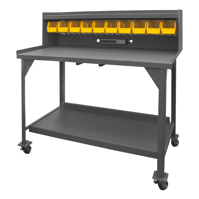 Durham DWBM-3060-BE-RSR-95 Mobile Workbench, Electrical Strip, Riser, Louvered Panel, 10 Bins, 60 X 30 X 54-5/16