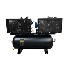 Load image into Gallery viewer, EMAX EP10DW120V3-208 NEMA4 Compliant Weather-Resistant Duplex 10HP Air Compressor, 76 CFM, 208V 3-Phase, 120-Gal Horizontal Tank with Alternating Switch