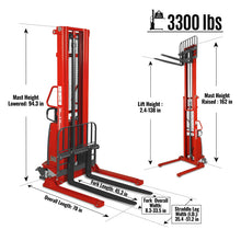Load image into Gallery viewer, MechMaxx 3300lbs Semi-Electric Straddle Stacker, 138" Lift, Adjustable Legs &amp; Forks, S33-138S