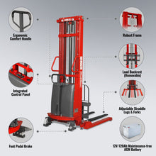 Load image into Gallery viewer, MechMaxx 3300lbs Semi-Electric Straddle Stacker, 138" Lift, Adjustable Legs &amp; Forks, S33-138S