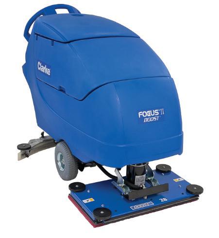 Clarke 05378A FOCUS® II BOOST 28® Automatic Floor Scrubber 312 Ah maint-free (AGM) batteries, onboard charger, pad holder and chemical mixing system