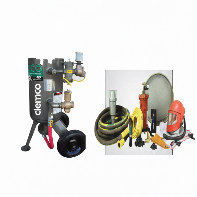 Clemco 23910 6 Cubic Foot Blast Machine Packages with 1-1/4” piping  24” diameter - Auto Quantum Valve with Abrasive Cut off Switch - Safety Gear