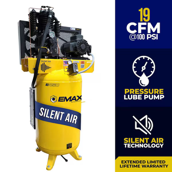 EMAX ESP05V080I3-208 Silent Air Industrial 5HP 19CFM 3 Phase 208/230V 2-Stage 80 Gal. Vertical Stationary Electric Air Compressor-W/ Pressure Lube Pump , Isolator Pads, Belt Tensioner, Continuous Run, Auto Drain