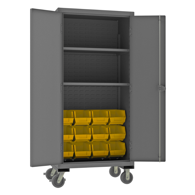 Durham HDCM36-12-2S95 Mobile Cabinet, 12 Gauge, 2 Shelves, 12 Yellow Bins, 36 X 24 X 81