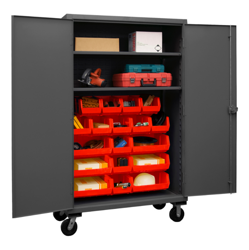 Durham HDCM48-18-2S1795 Mobile Cabinet, 12 Gauge, 2 Shelves, 18 Red Bins, 48 X 24 X 81