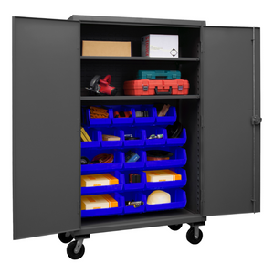 Durham HDCM48-18-2S5295 Mobile Cabinet, 12 Gauge, 2 Shelves, 18 Blue Bins, 48 X 24 X 81