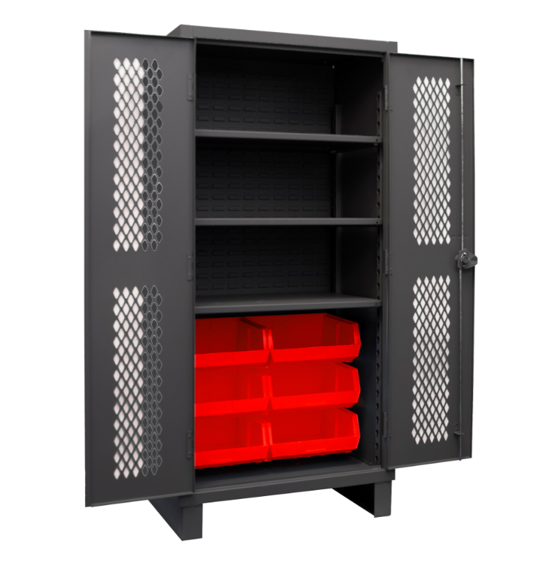 Durham HDCV36-6B-3S1795 Ventilated Cabinet, 12 Gauge, 3 Shelves, 6 Red Bins, 36 X 24 X 78