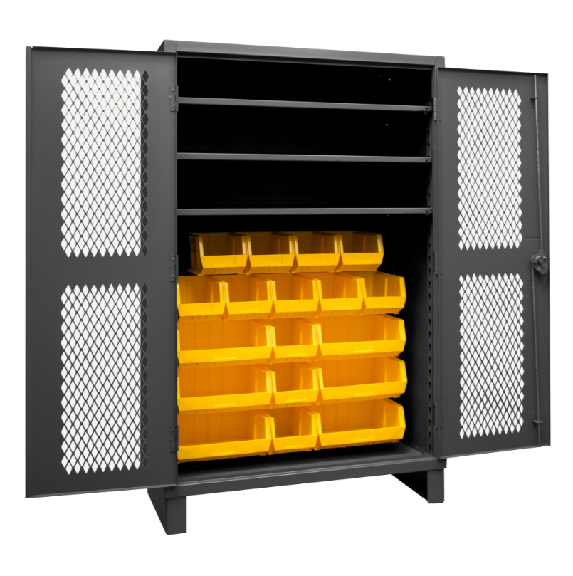 Durham HDCV48-18B-3S95 Ventilated Cabinet, 12 Gauge, 3 Shelves, 18 Yellow Bins, 48 X 24 X 78