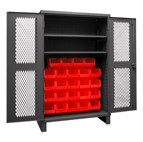 Durham HDCV48-24B-2S1795 Ventilated Cabinet, 12 Gauge, 2 Shelves, 24 Red Bins, 48 X 24 X 78