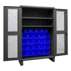 Durham HDCV48-24B-2S5295 Ventilated Cabinet, 12 Gauge, 2 Shelves, 24 Blue Bins, 48 X 24 X 78