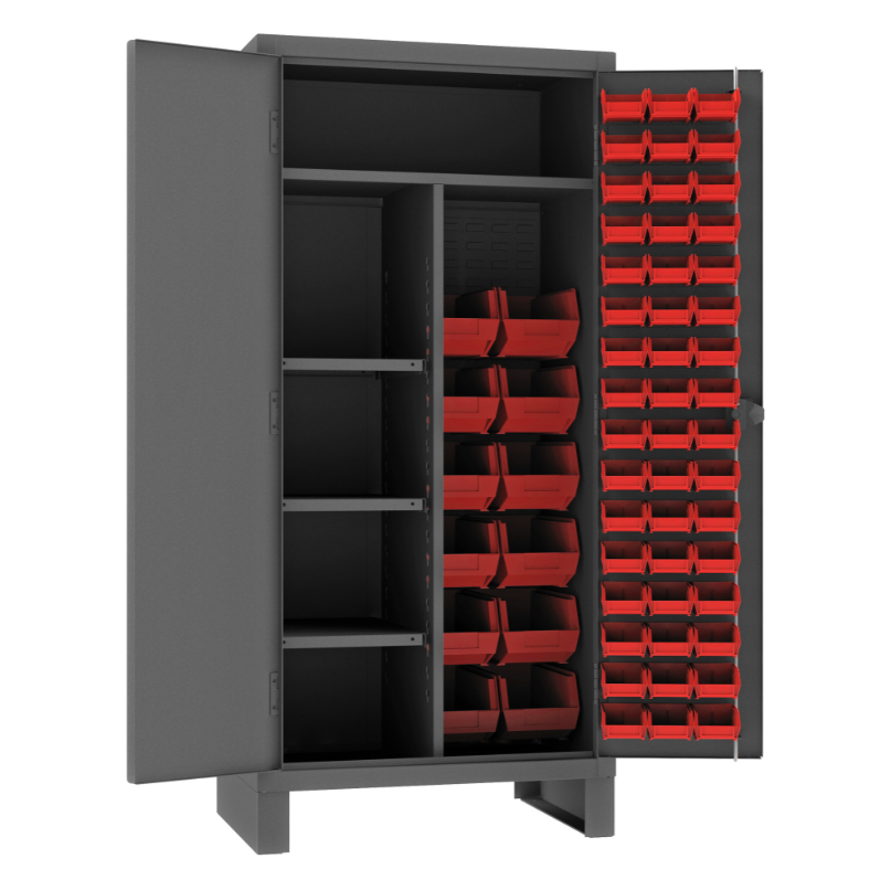 Durham HDJC243678-60-4S1795 Maintenance Cabinet, 12 Gauge, 4 Shelves, 60 Red Bins, 36 X 24 X 78