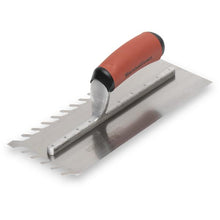 Load image into Gallery viewer, Marshalltown LF1211SD 1/2” Carbon Steel LayFlat Notch Trowel- DuraSoft Handle (11X4.5”Blade) w/ Hanger (6/Pack)