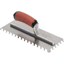 Load image into Gallery viewer, Marshalltown LF1211SD 1/2” Carbon Steel LayFlat Notch Trowel- DuraSoft Handle (11X4.5”Blade) w/ Hanger (6/Pack)