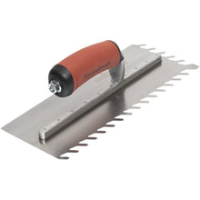 Load image into Gallery viewer, Marshalltown LF1211SD 1/2” Carbon Steel LayFlat Notch Trowel- DuraSoft Handle (11X4.5”Blade) w/ Hanger (6/Pack)
