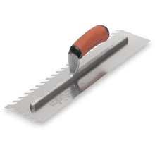 Load image into Gallery viewer, Marshalltown LF1216SD 1/2” Carbon Steel LayFlat Notch Trowel- DuraSoft Handle (16X4” Blade) w/ Hanger (4/Pack)