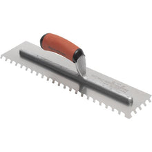 Load image into Gallery viewer, Marshalltown LF1216SD 1/2” Carbon Steel LayFlat Notch Trowel- DuraSoft Handle (16X4” Blade) w/ Hanger (4/Pack)