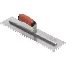 Load image into Gallery viewer, Marshalltown LF3816SD 3/8” Carbon Steel LayFlat Notch Trowel- DuraSoft Handle (16X4” Blade) w/ Hanger (4/Pack)