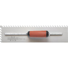 Load image into Gallery viewer, Marshalltown LF3816SD 3/8” Carbon Steel LayFlat Notch Trowel- DuraSoft Handle (16X4” Blade) w/ Hanger (4/Pack)