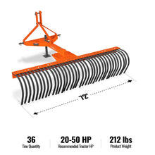 Load image into Gallery viewer, MechMaxx 72" Landscape Rake with 36 Tines 3 Point Hitch Tractor Attachment, LR72