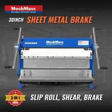 Load image into Gallery viewer, MechMaxx 30-inch 3-in-1 Pan and Box Brake – Slip Roll, Shear, Bending Machine for Sheet Metal, 20 Gauge Mild Steel, Adjustable Fingers, Heavy Duty, Metalworking, Fabrication, Rolling, Bending MMCB3016