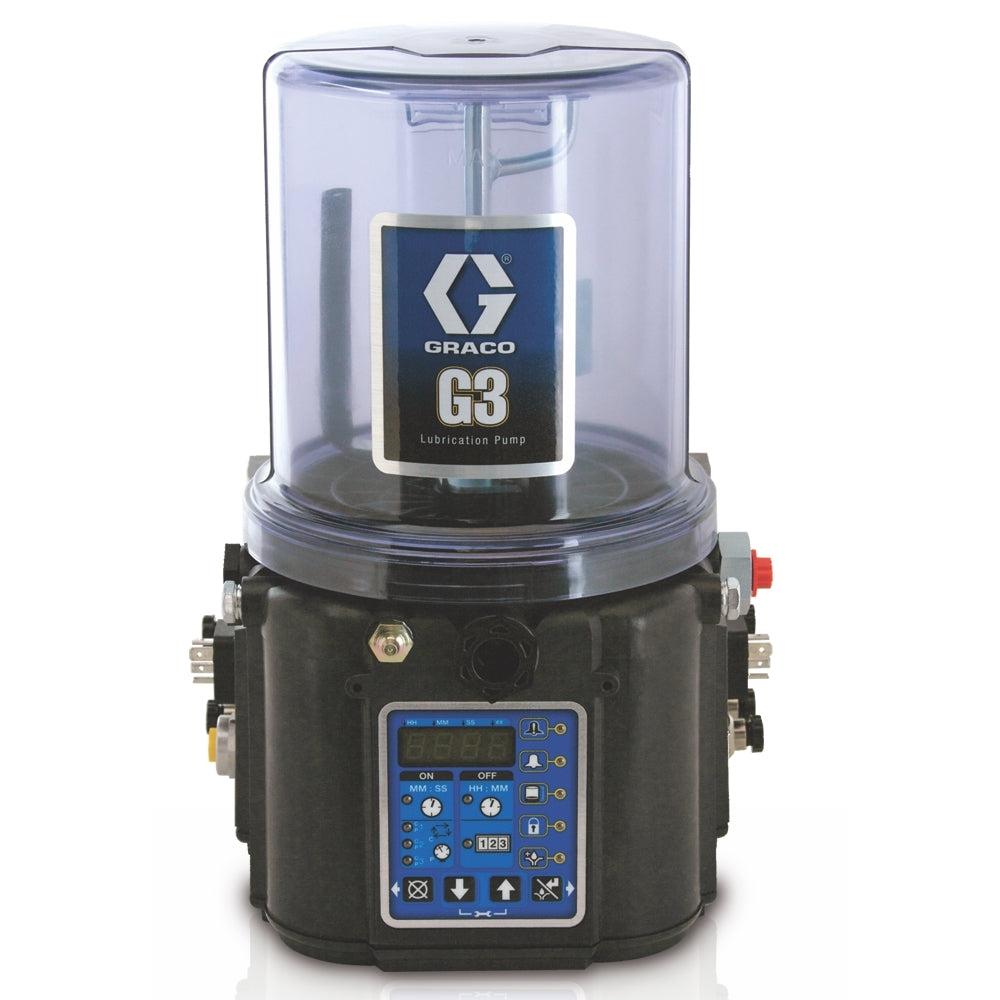 Graco G3™ Max Grease Lubrication Pump, 90-240 VAC, 2L, Follower Plate, Low Level with Controller, 1 Sensor, DIN, Vent Valve