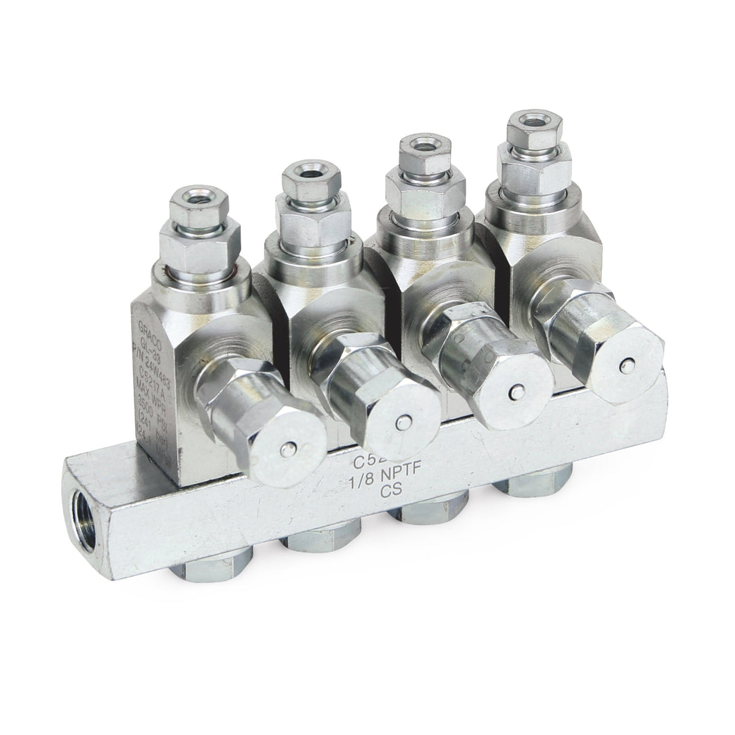 Graco GL-33™ Grease Injector, Carbon Steel, 4 Injector Manifold, 1/8 BSPP x 6 mm