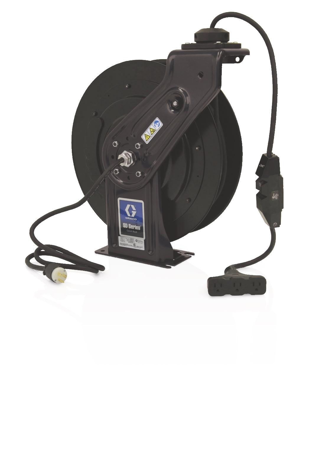 SD™ 10 Series 120 Volt Cord Reel - Tri-Plug GFCI Industrial Receptacle - 95 ft (29 m), 12 AWG, 15 Amp Cord - Black